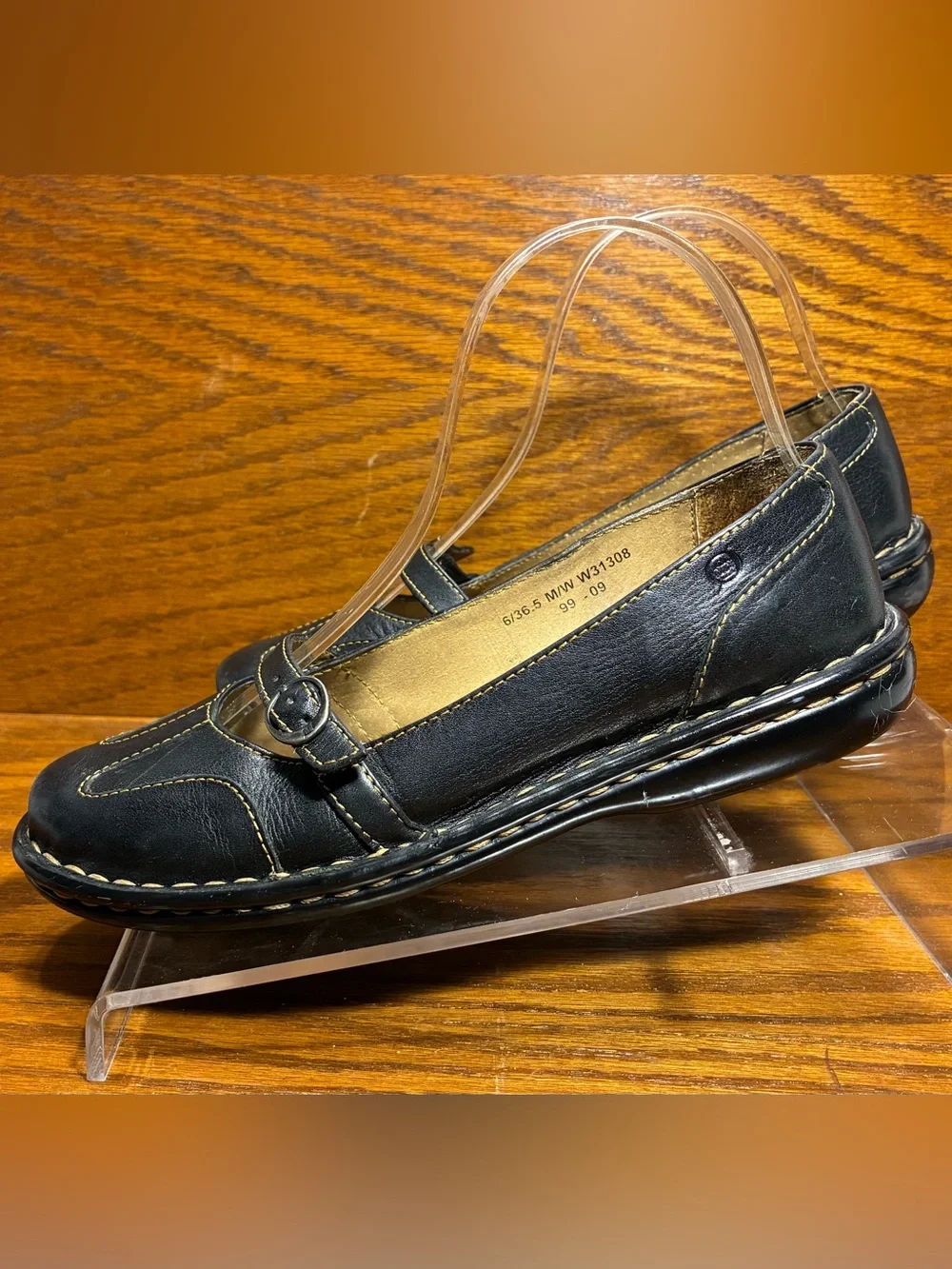 VTG 90s Y2K Born Leather Mary Jane Contrast Stitch Square Toe Flats Black Size 6